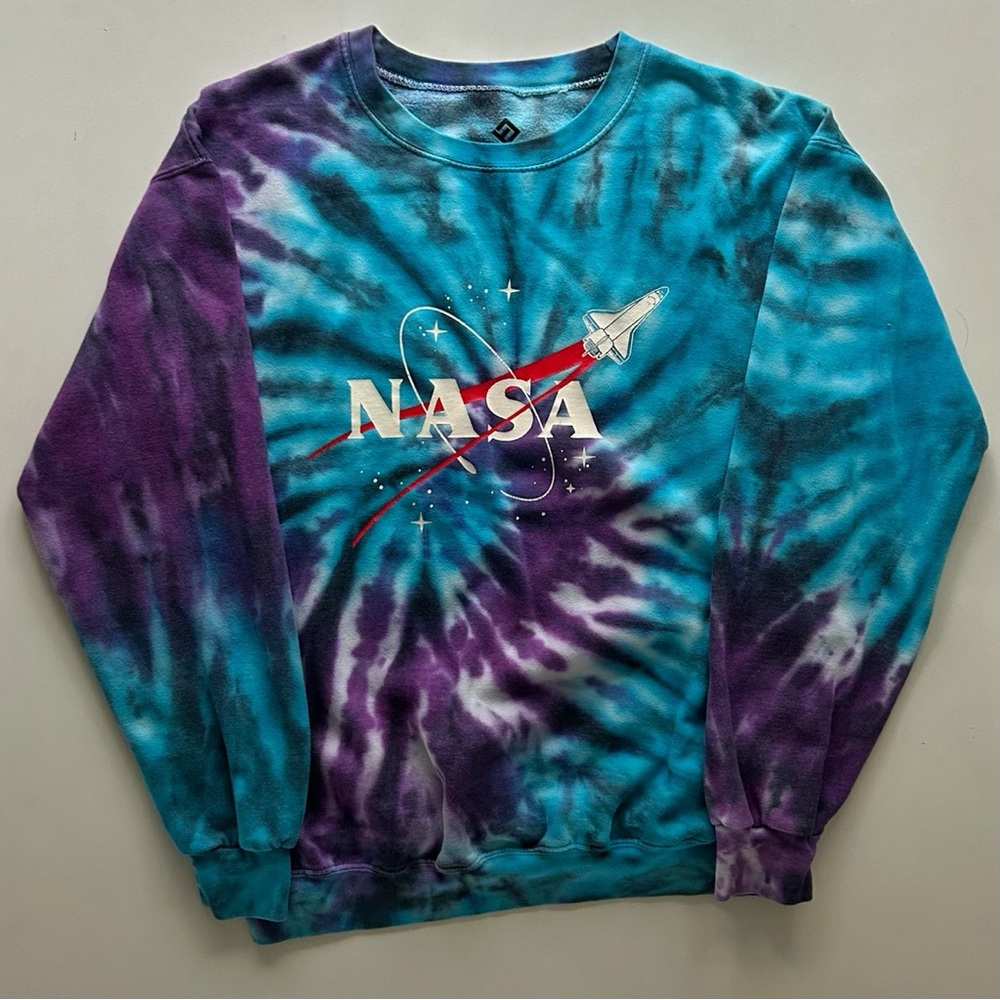 NASA Tie-Dye Crewneck Sweatshirt Teal Purple Graphic Size M/L - Picture 2 of 7